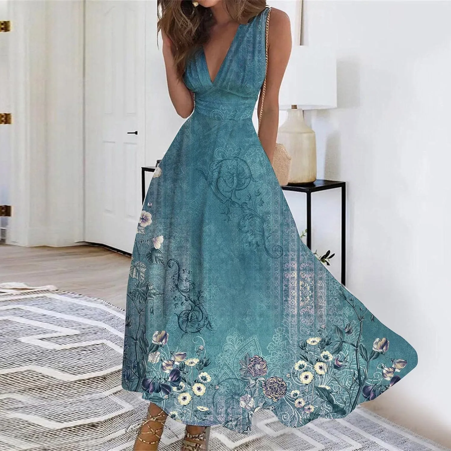 Yesunpxs Dresses for Women 2024 Sleeveless Flowy Ruched Maxi Dress Wrap V Neck Floral Printed Beach Dresses Boho Sundresses