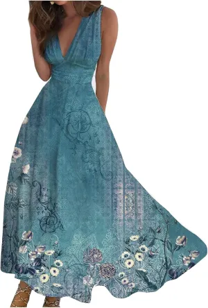 Yesunpxs Dresses for Women 2024 Sleeveless Flowy Ruched Maxi Dress Wrap V Neck Floral Printed Beach Dresses Boho Sundresses