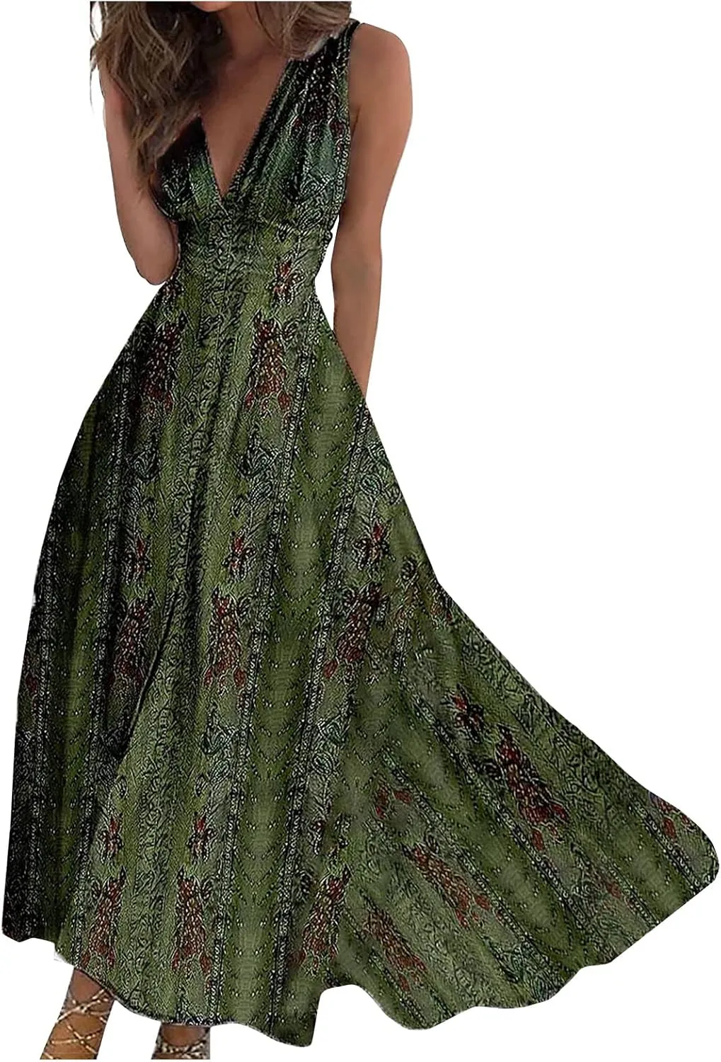 Yesunpxs Dresses for Women 2024 Wrap V Neck Flowy Ruched Maxi Dress Sleeveless Floral Printed Beach Dresses Boho Sundresses