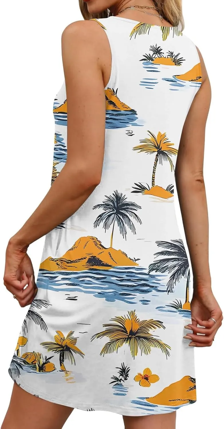 Yesunpxs Summer Dresses for Women Casual Sundresses Beach Loose Tshirt Tank Dresses Sleeveless Mini Dress with Pockets