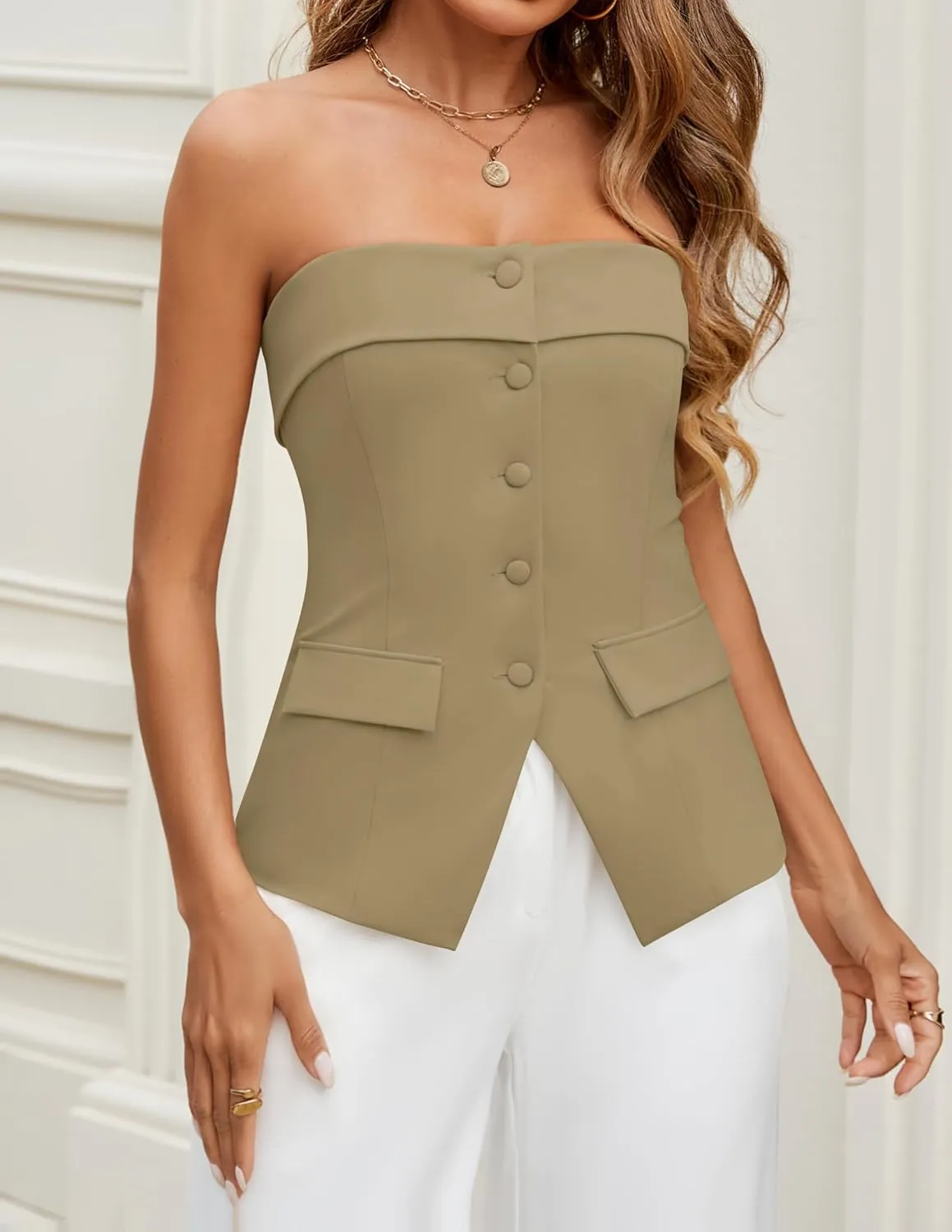 ZESICA Women's 2025 Trendy Strapless Blazer Vests Summer Dressy Tube Vest Tops Elegant Clothes