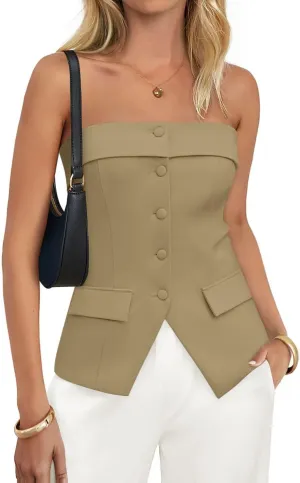 ZESICA Women's 2025 Trendy Strapless Blazer Vests Summer Dressy Tube Vest Tops Elegant Clothes