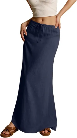 ZWRXW Linen Maxi Skirts for Women Cotton Linen Skirt Elastic Waist Drawstring Waist A Line Skirts Flowy Ankle-Length Skirt