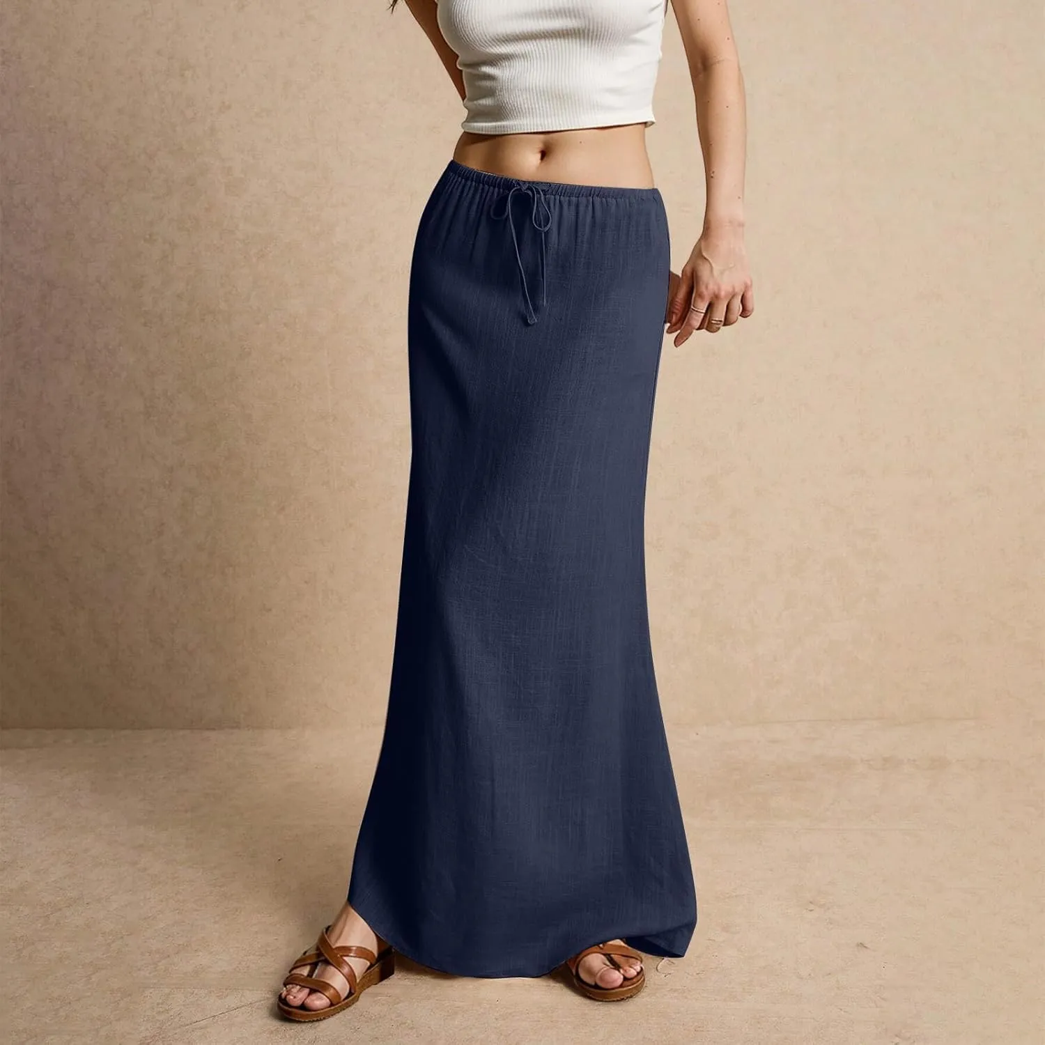ZWRXW Linen Maxi Skirts for Women Cotton Linen Skirt Elastic Waist Drawstring Waist A Line Skirts Flowy Ankle-Length Skirt
