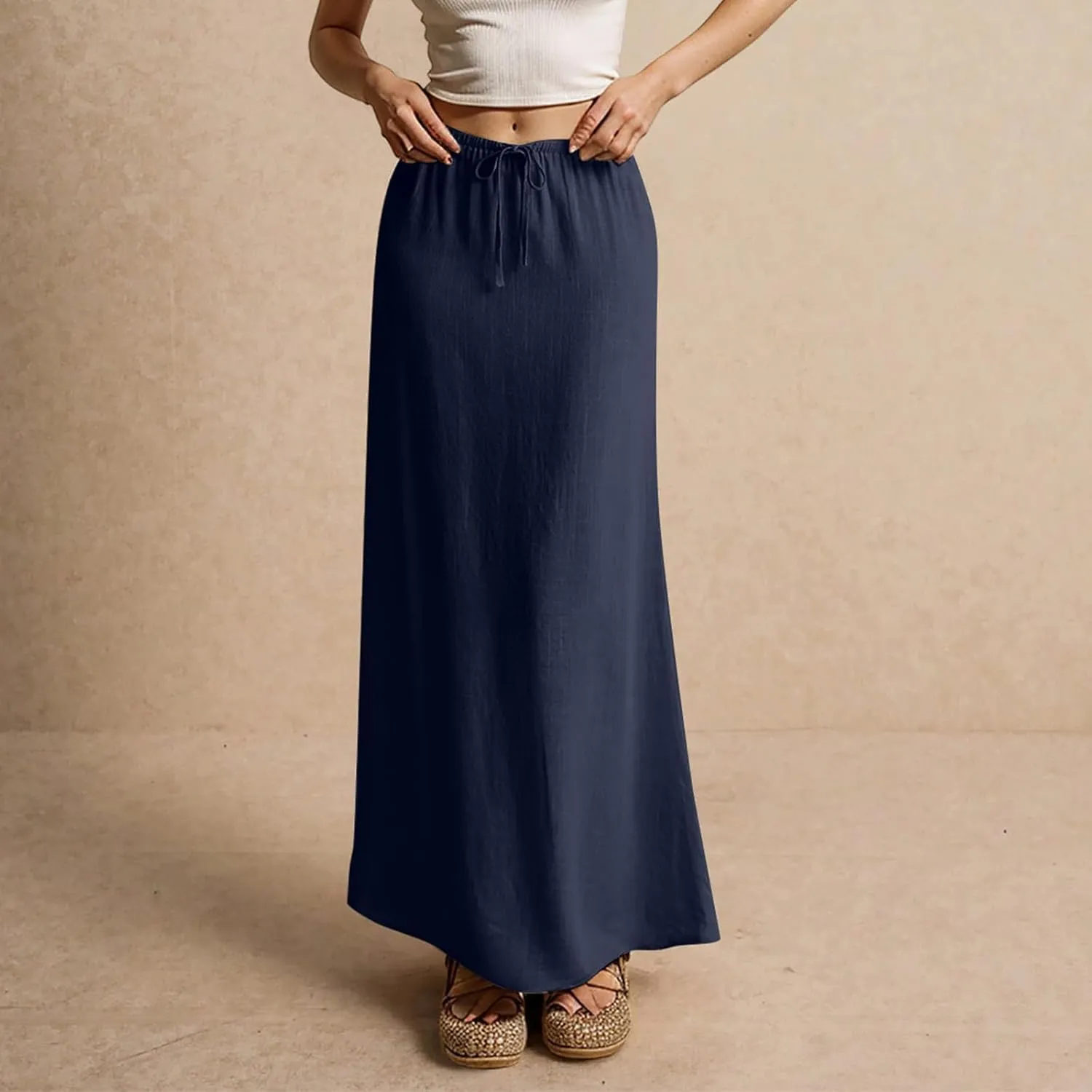 ZWRXW Linen Maxi Skirts for Women Cotton Linen Skirt Elastic Waist Drawstring Waist A Line Skirts Flowy Ankle-Length Skirt