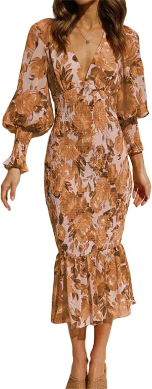 ZWRXW Womens Bodycon Dresses Floral Print Deep V Neck Sexy Wrap Puff Long Sleeve Ruffle Hem Fall Elegant Maxi Dress