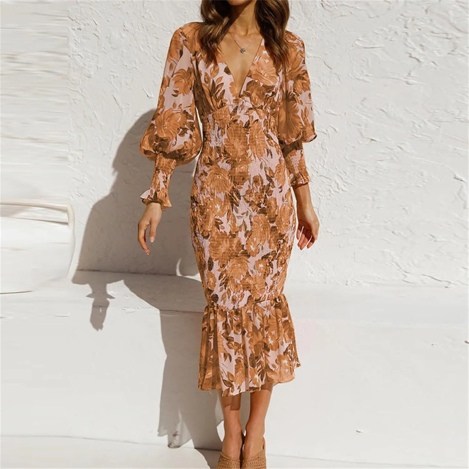 ZWRXW Womens Bodycon Dresses Floral Print Deep V Neck Sexy Wrap Puff Long Sleeve Ruffle Hem Fall Elegant Maxi Dress
